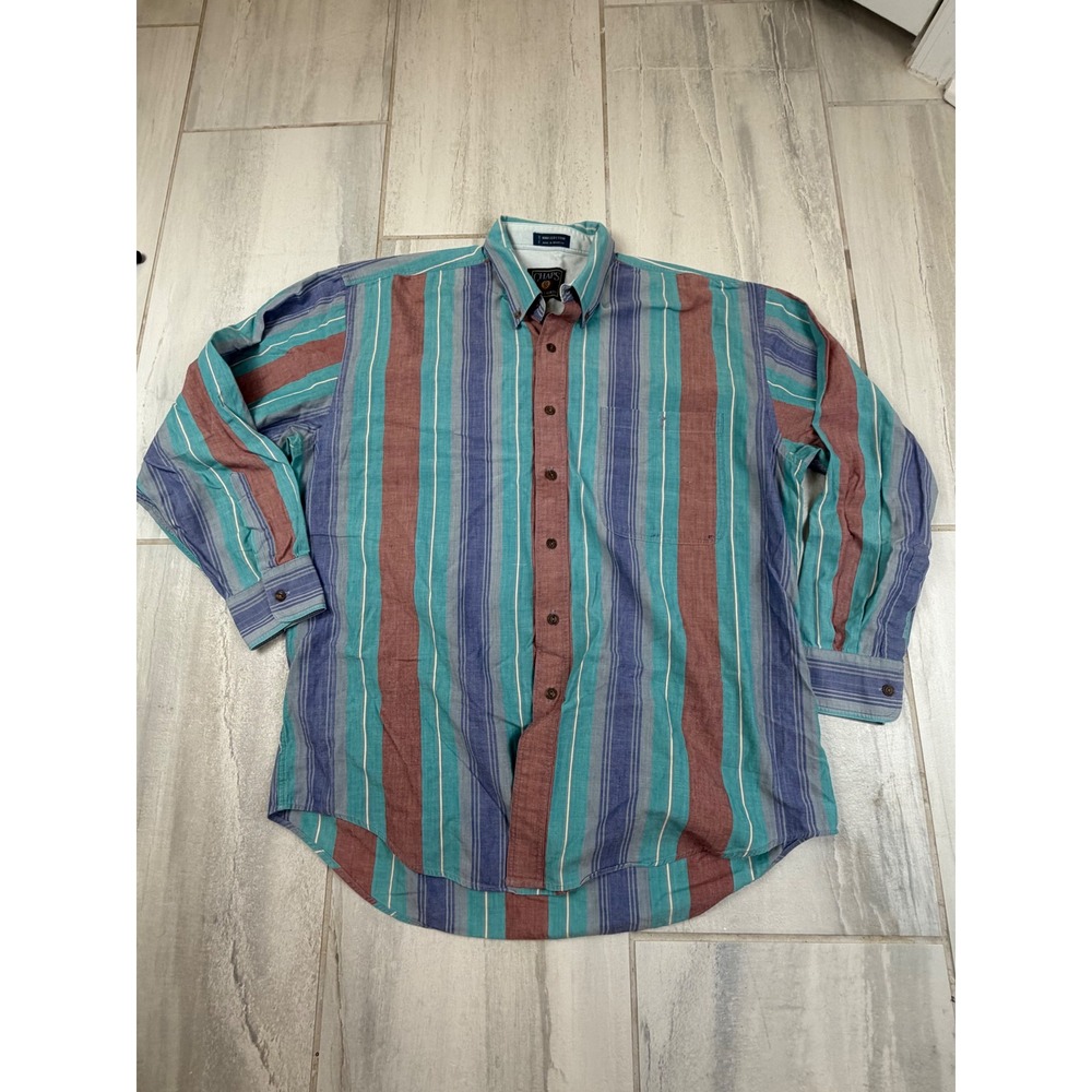 Chaps Ralph Lauren Mens Large Vintage Multi Stripe Cotton Button Down Shirt Teal